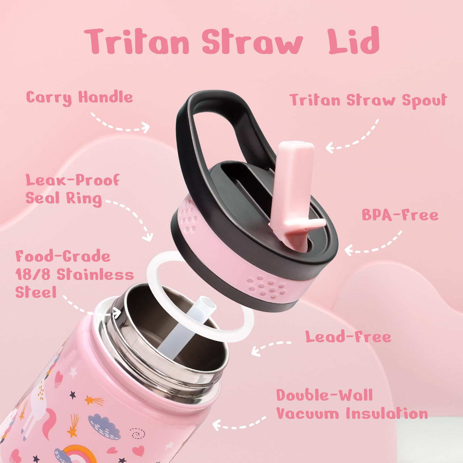 2-Pack Kids Water Bottle, Buzio 14 Oz Toddler Stainless Steel Insulated Water Bottles With Tritan Straw Lid, Leak Proof Bpa-Free